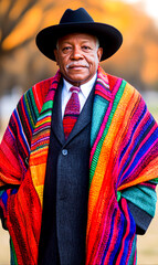 Portrait of a Man in Colorful Blanket and Hat