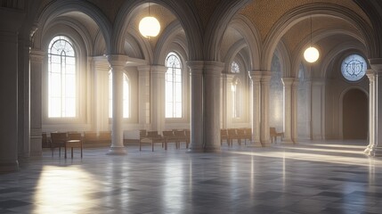 A serene interior space with arches, light, and empty chairs, suggesting calm and contemplation.