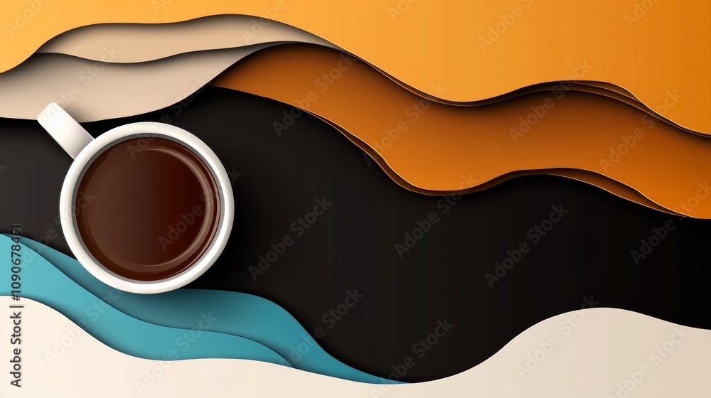 Poster cup of coffee is sitting on a table with a colorful background. the image has a warm and inviting mo