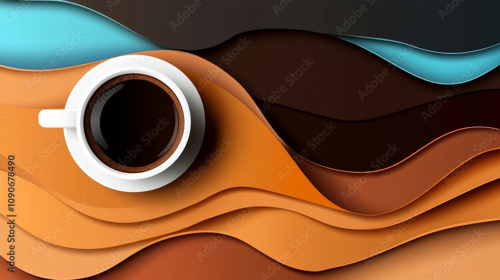 Poster coffee cup is sitting on a table with a wave pattern in the background. concept of relaxation and le