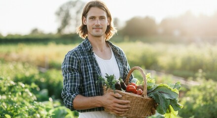 Fototapeta premium Fresh harvest in sunlight: farmer with basket of vegetables in field