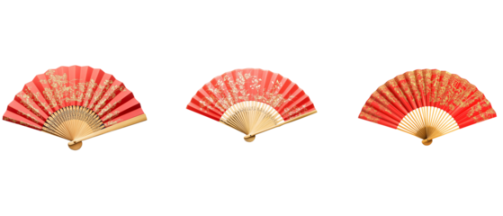 Red and gold paper hand fan with Chinese patterns isolated on a white background