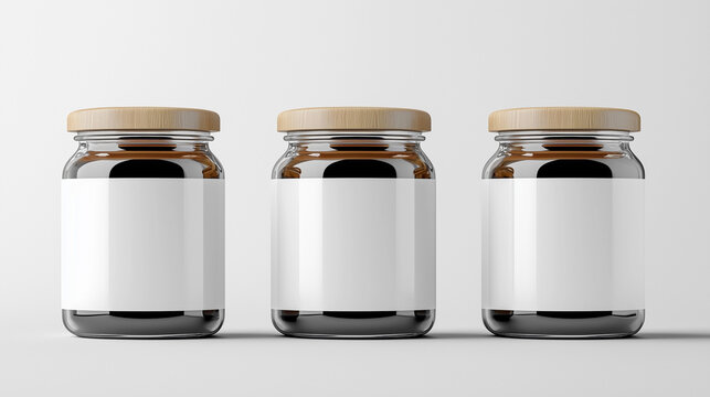 Mockup de tres frascos de vidrio con tapa de madera y etiquetas blancas sobre fondo blanco minimalista.

