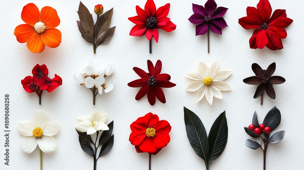 Poster row of flowers with different colors and shapes. the flowers are arranged in a way that they look li
