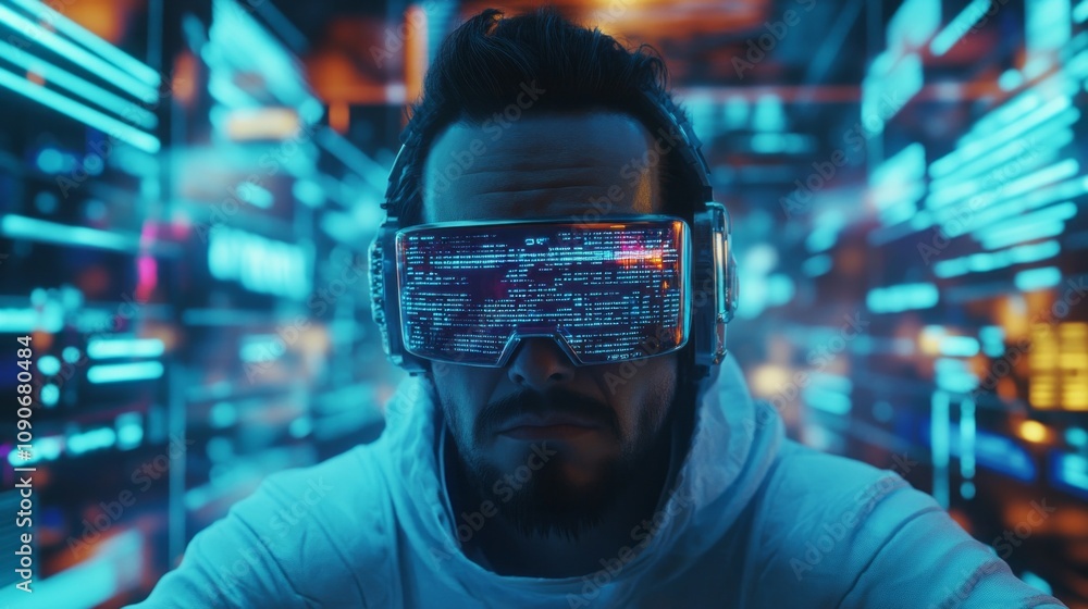 Poster a man wearing virtual reality goggles is looking at a computer screen