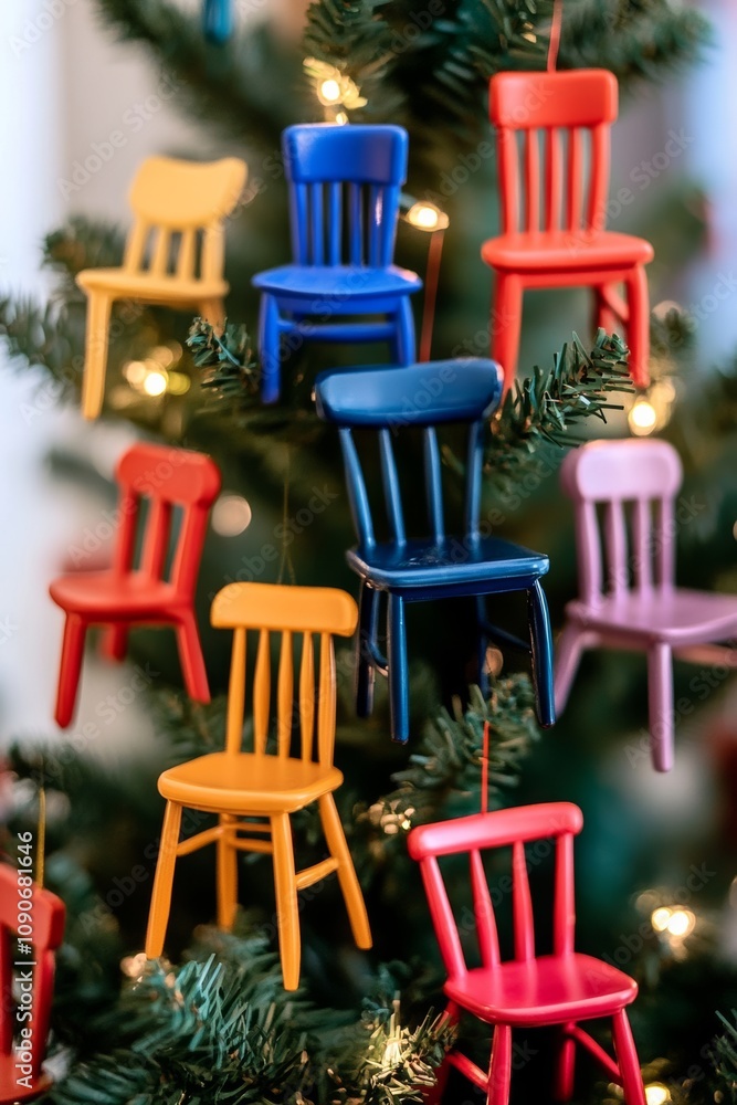 Poster tree decorated with many colorful chairs hanging from it. the chairs are of different colors and siz