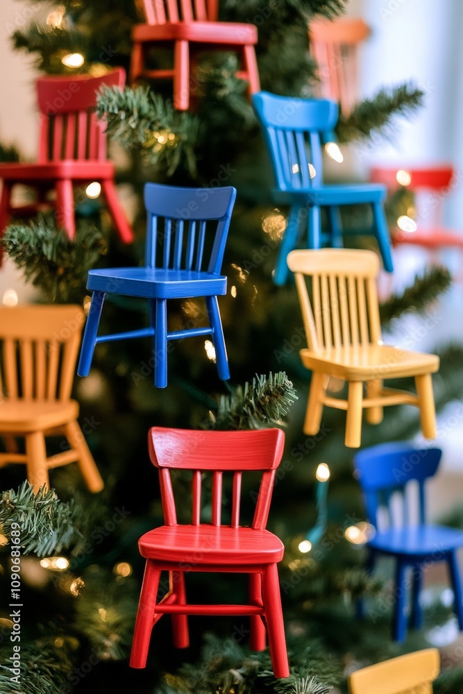 Aufkleber tree decorated with many different colored chairs. the chairs are all different sizes and colors, an