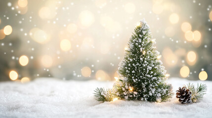 Obraz premium Miniature Christmas tree in a snowy scene with festive bokeh. Concept of Holiday spirit