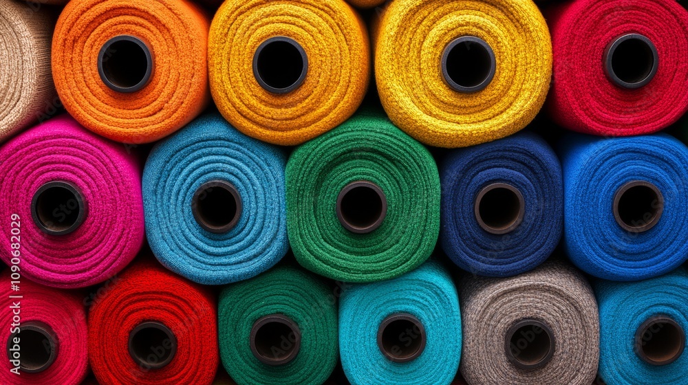 Poster row of colorful yarns are stacked on top of each other. the colors are bright and vibrant, creating 