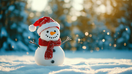 Obraz premium Happy snowman in a snowy winter wonderland. Concept of Christmas, winter holidays, festive season.