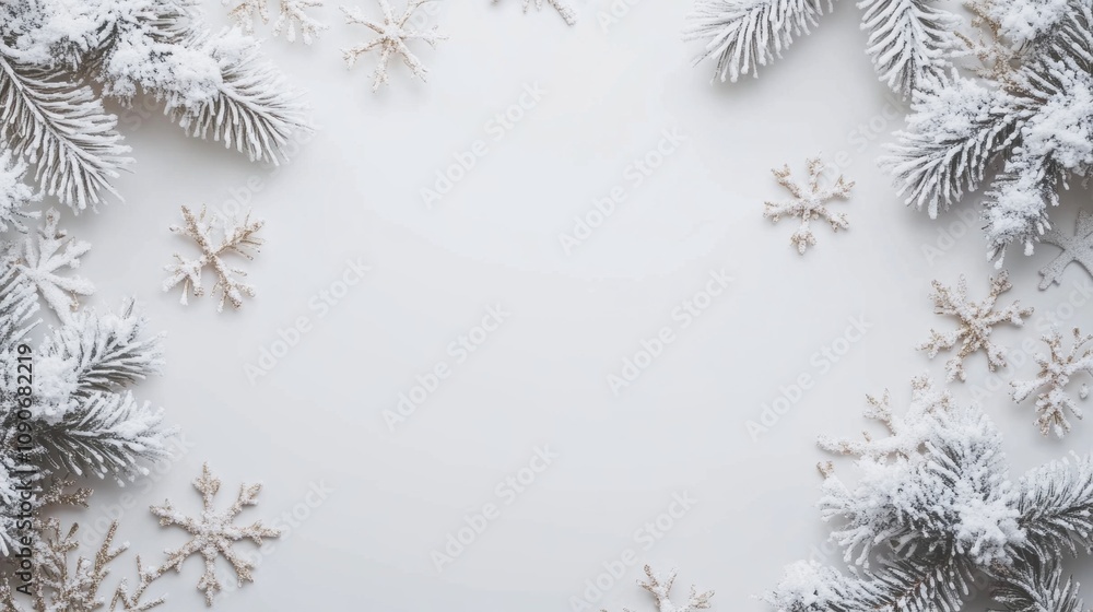 Poster A white background with a snowflake pattern and a tree branch