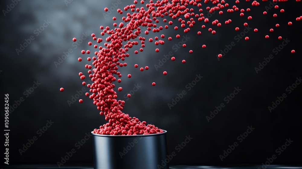 Poster large number of red balls are falling out of a container. concept of chaos and disorder, as the ball