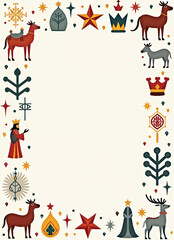 a vector poster for epiphany with frame of crowns, kings, floral elements and stars on it