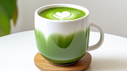 Green mug with white swirls and a heart on it sits on a wooden coaster. The mug is filled with green tea, which is a popular beverage known for its health benefits. Concept of relaxation and warmth