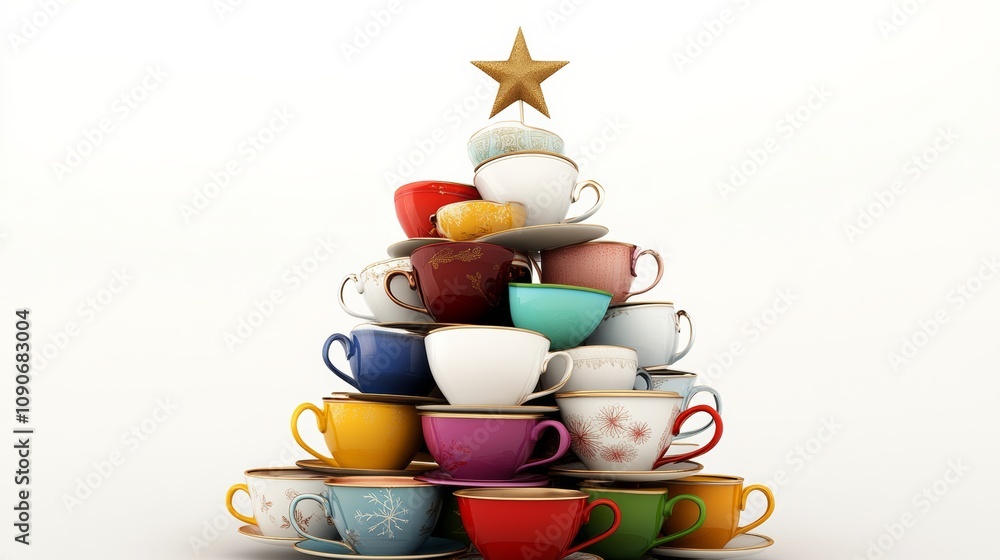 Poster stack of cups with a star on top, representing a christmas tree. the cups are of different colors an