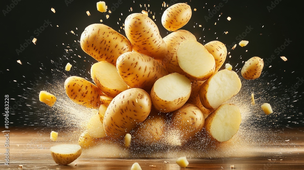 Poster pile of potatoes with some of them cut in half. the image has a sense of chaos and destruction, as i