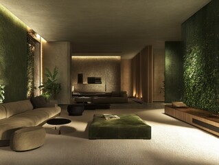 Modern Zen Living Room Design With Lush Greenery Walls