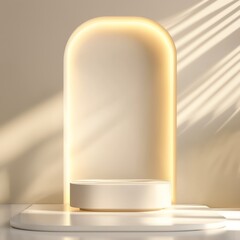 Luxury product display with a minimalistic podium in a glossy 3D soft lighting emphasizing premium quality