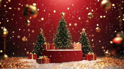 Obraz premium Christmas tree with white snowdrift,snowflakes,snow land,podium with bauble,Christmas theme stage podium mock up for product placement,Happy New Year. Celebrate party,Xmas Poster,web banner,festive.