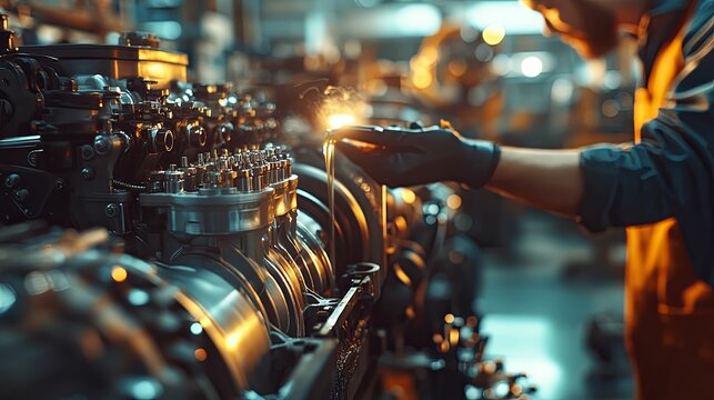 Mechanic adding engine oil to a powerful machine