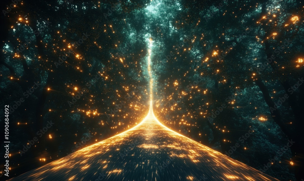 Poster magical glowing pathway through enchanted forest, illuminated by sparkling lights, surrounded by den