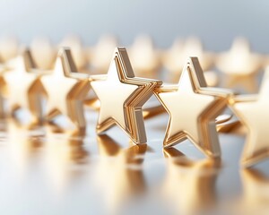 Premium 3D golden stars arranged in a row on a sleek surface symbolizing excellent reviews and high quality