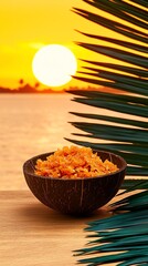 Cambodian num krok with coconut, ancient Angkor temples under golden sunset skies