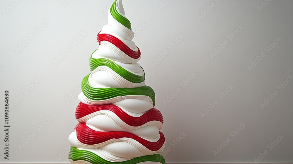 Poster white and red and green ice cream cone shaped like a christmas tree. the cone is made of ice cream a