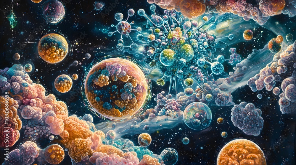 Poster exploring cosmic universes space digital art nebulae high angle abstract concepts