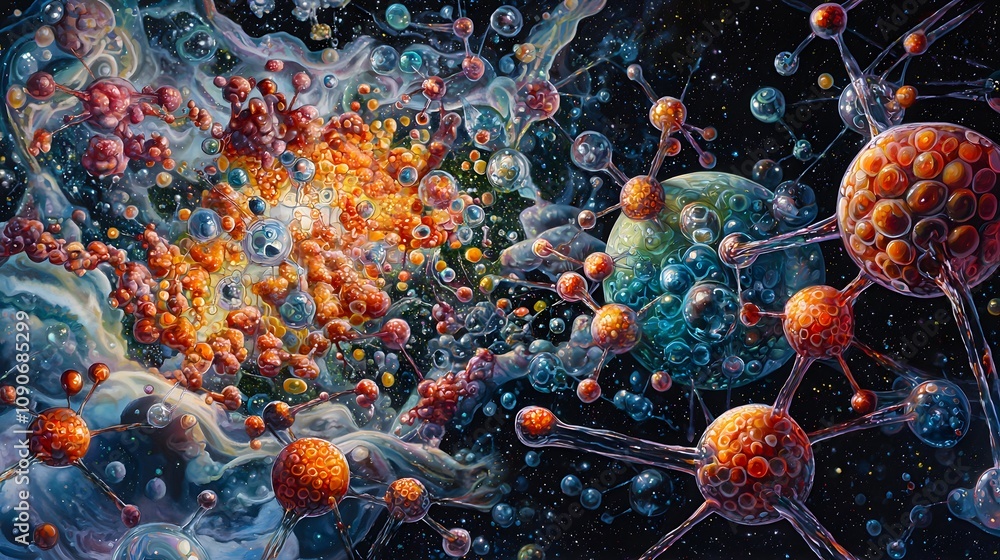 Poster dynamic molecular interaction cosmic space digital art vast universe close-up view scientific concep