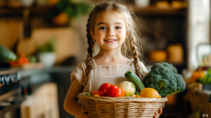 Fototapeta premium Happy kid holding vegetable basket walking in kitchen .