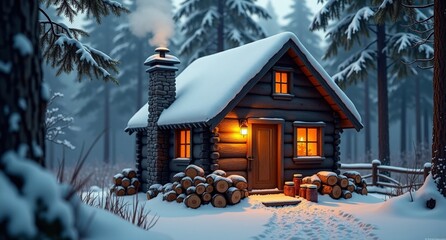 Naklejka premium A quaint winter cabin in the woods, with smoke rising from the chimney, stacked firewood, candlelight, preserved fruits, and wool blankets.