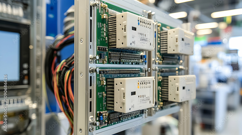 Aufkleber close-up of industrial control system: circuit boards with integrated modules displaying complex ele