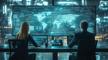 Business professionals analyzing global data on digital world map interface in modern office