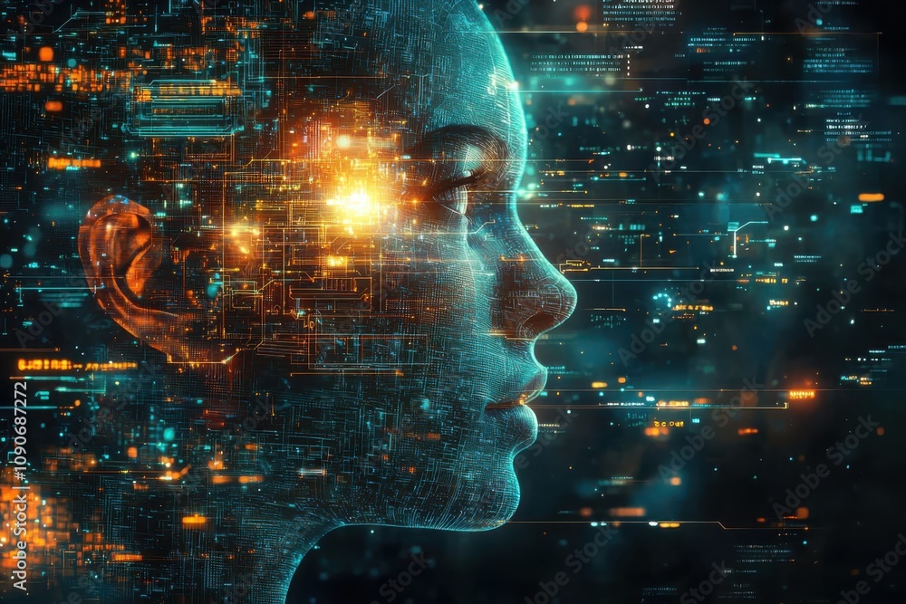 Poster exploring the evolution of ai a symbolic representation of progress in technology digital space and 