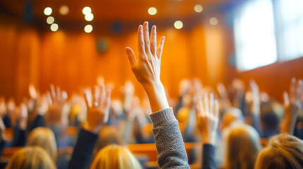 People in seminar room raising hands interact with speaker .