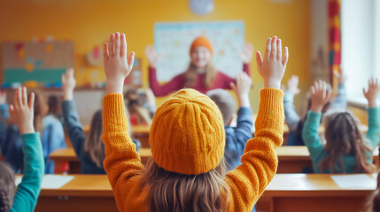 Children are raising hands interact with teacher .