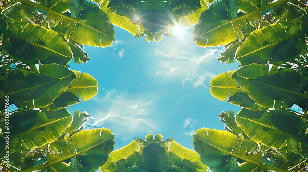 Poster the blue sky is reflected in the banana leaves, a symmetrical composition with a symmetrical frame, 