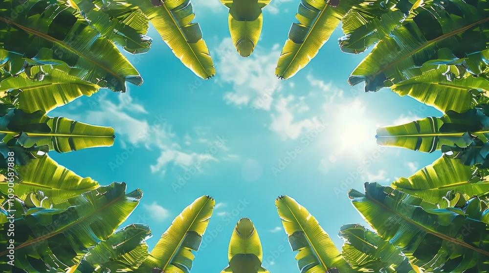Poster the blue sky is reflected in the banana leaves, a symmetrical composition with a symmetrical frame, 