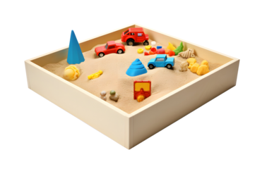 Sandbox with children's toys inside, educational toys on transparent background
