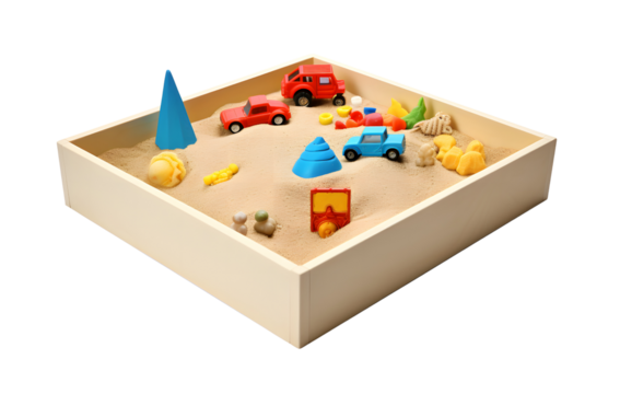 Sandbox with children's toys inside, educational toys on transparent background