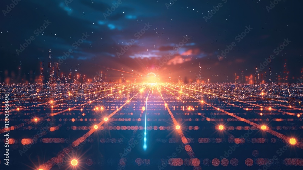 Aufkleber futuristic digital grid landscape stretching into the distance, with glowing grid lines fading into 