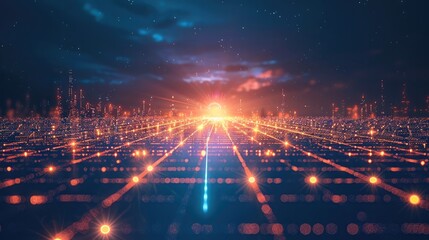 Obraz premium Futuristic digital grid landscape stretching into the distance, with glowing grid lines fading into a dark blue gradient background.