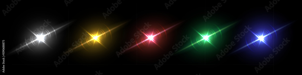 Poster light flashes with sparkle, glare, glint effect isolated on black background. different color glow g