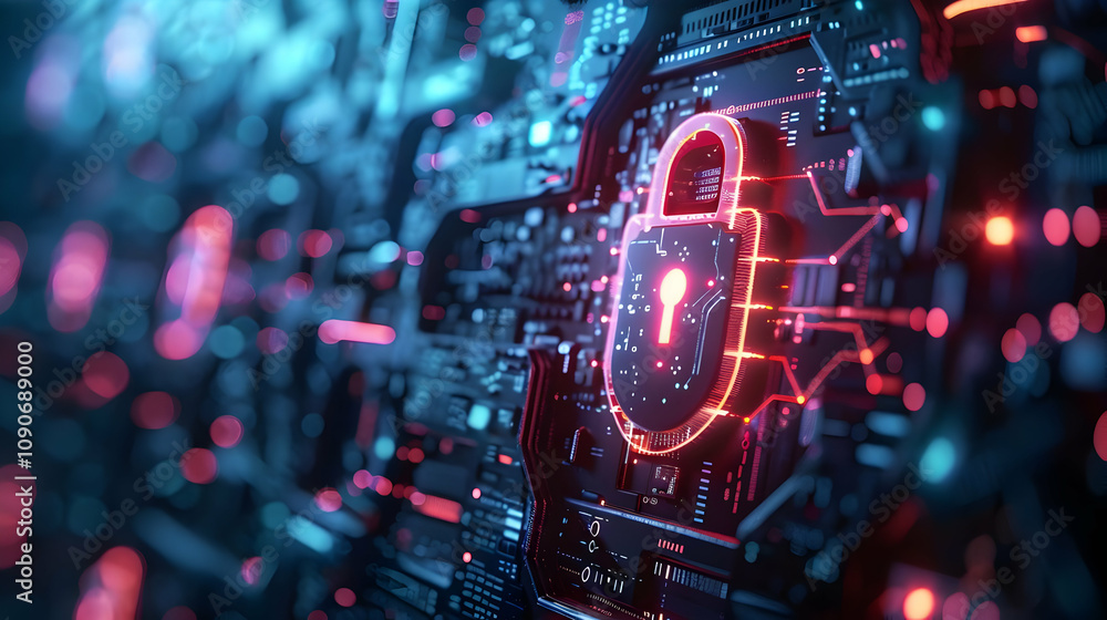 Poster cybersecurity: digital lock illustration on futuristic circuit board background, representing data p