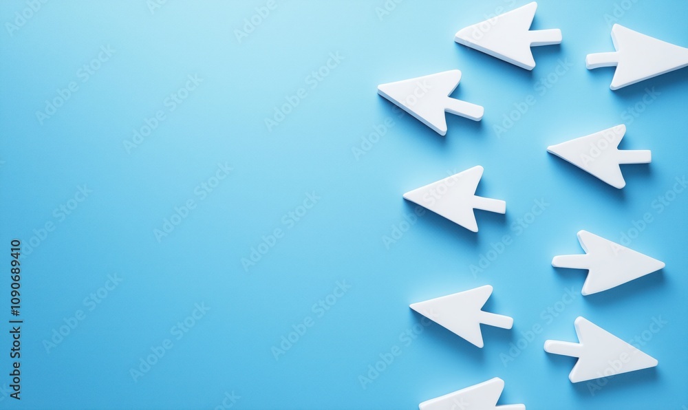 Poster White arrow shapes on blue background, arranged in a diagonal pattern, creating a modern and minimalistic design.