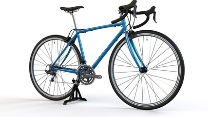 Fototapeta premium Blue road bicycle on display stand, isolated on white background. Generative ai