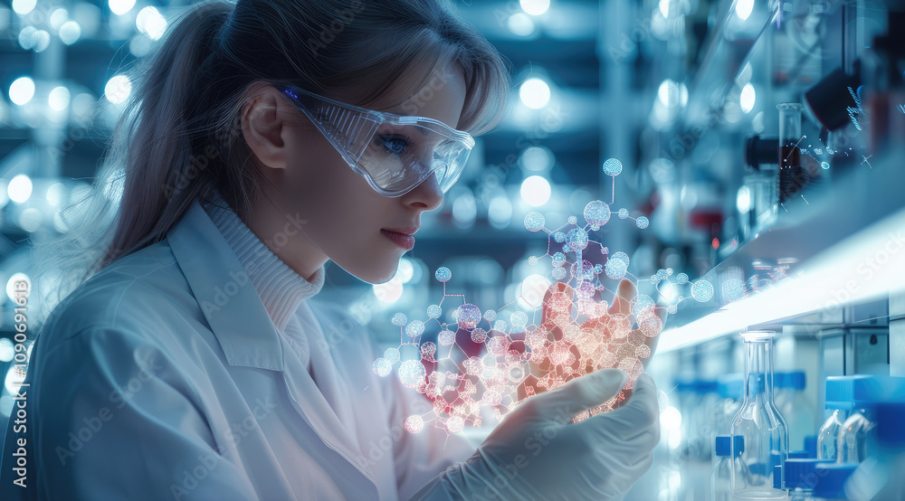Poster a futuristic scientist in a lab coat examines floating 3d chemical structures in neon colors, with a