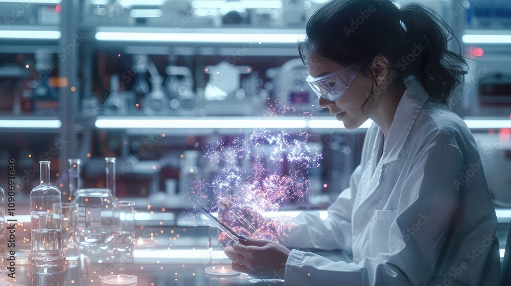 Aufkleber A futuristic scientist in a lab coat examines floating 3D chemical structures in neon colors, with a laboratory filled with advanced equipment in the background.