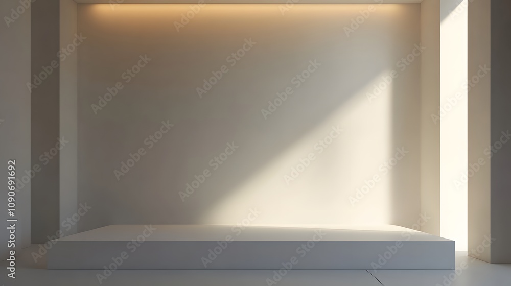 Poster 99. a minimalist white podium with smooth, clean surfaces and soft lighting creating an empty space 